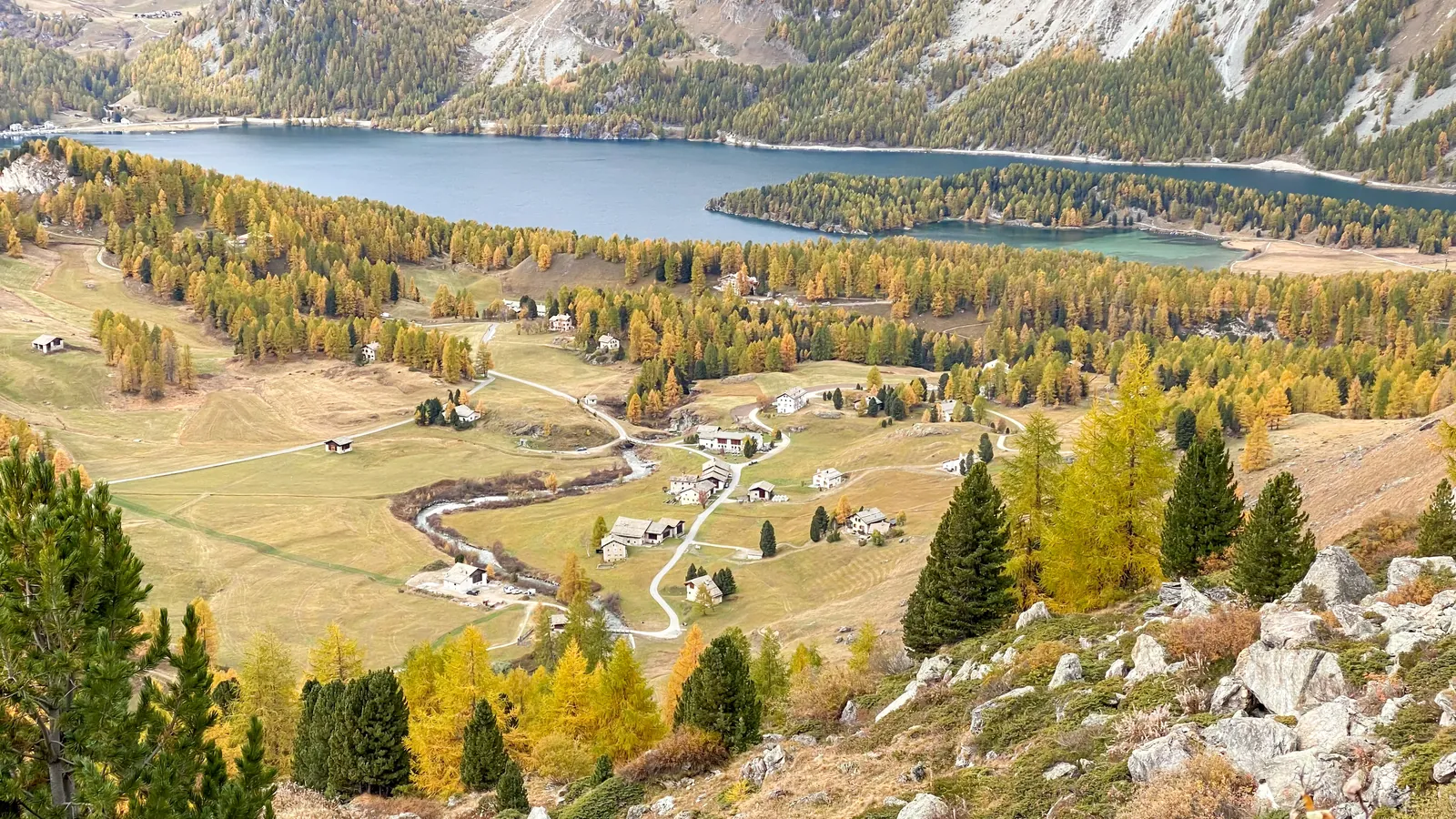 Vista da Marmorè sui prati autunnali della Val Fex fino al lago di Sils
