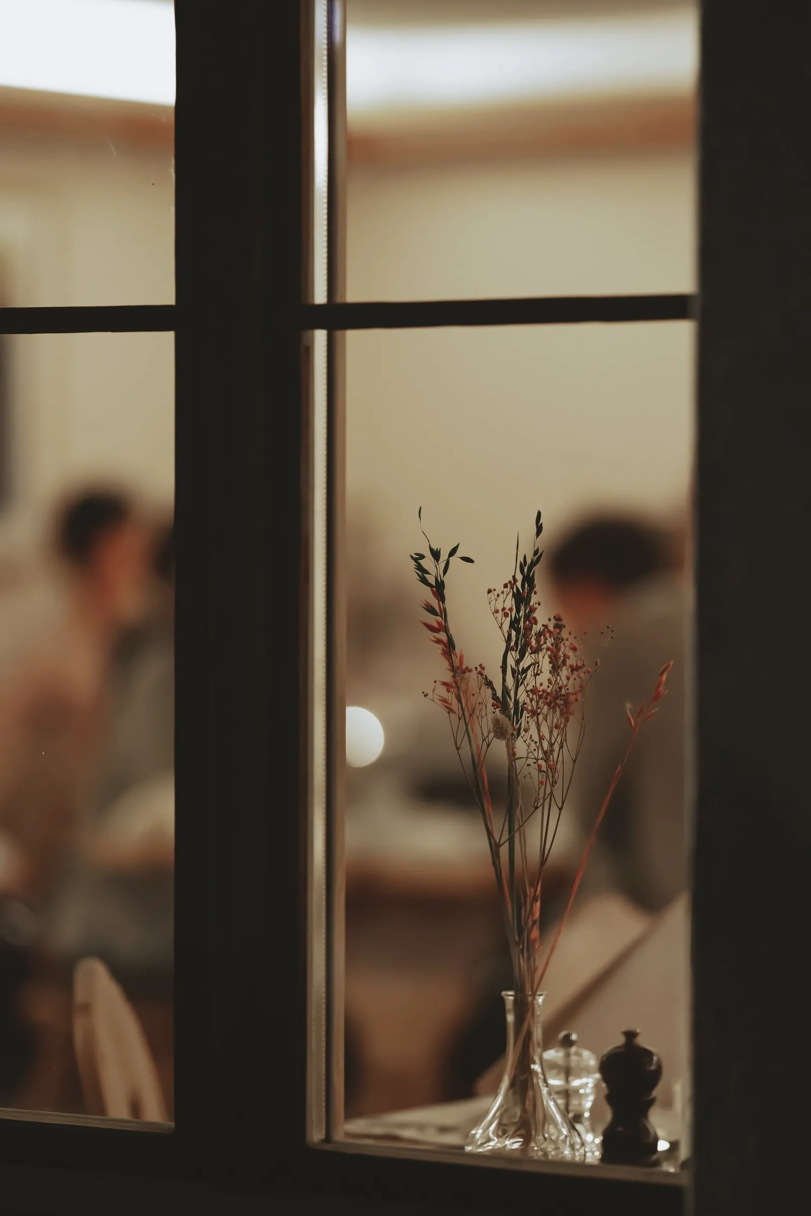Through the window, guests at dinner
