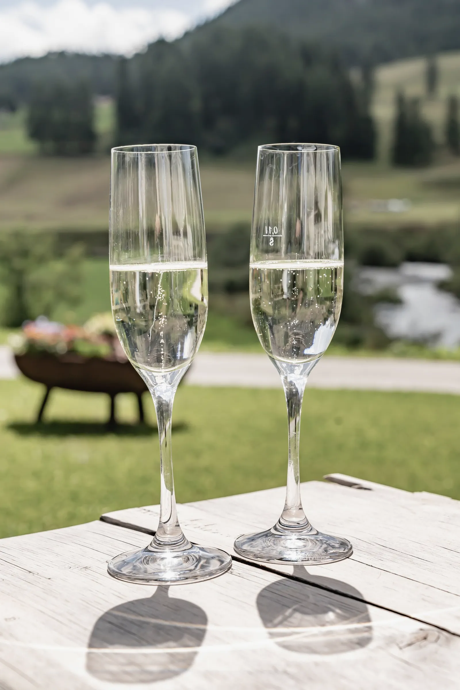 Prosecco on a wooden table by the meadow and stream